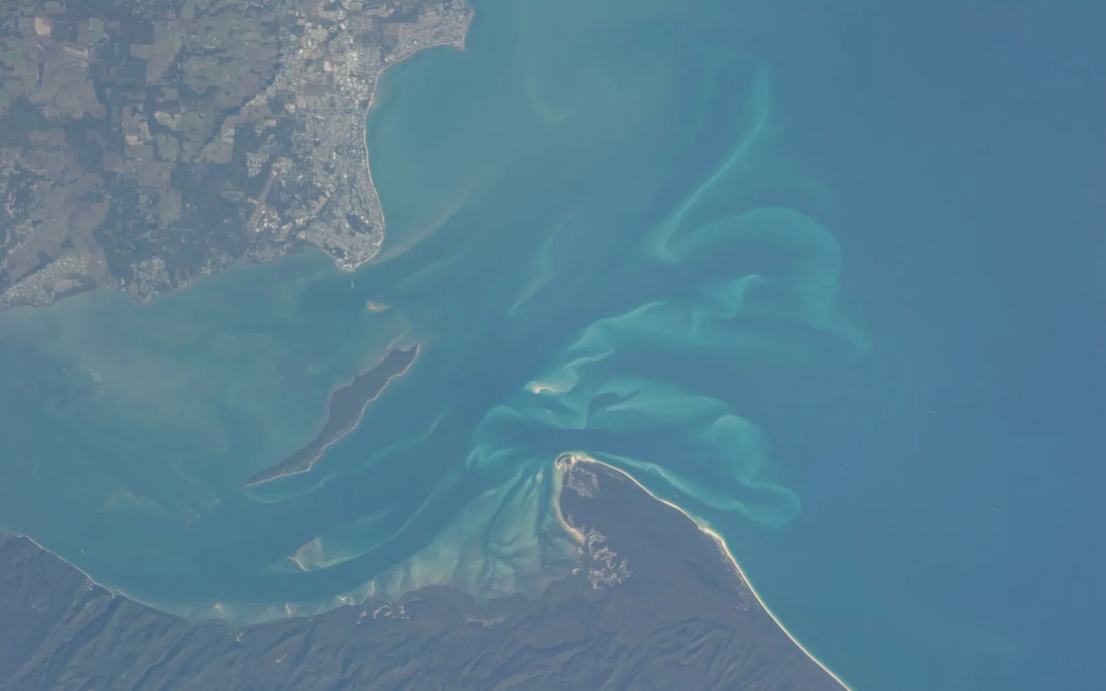 Hervey Bay, the Great Sandy Strait and K’gari seen from orbit